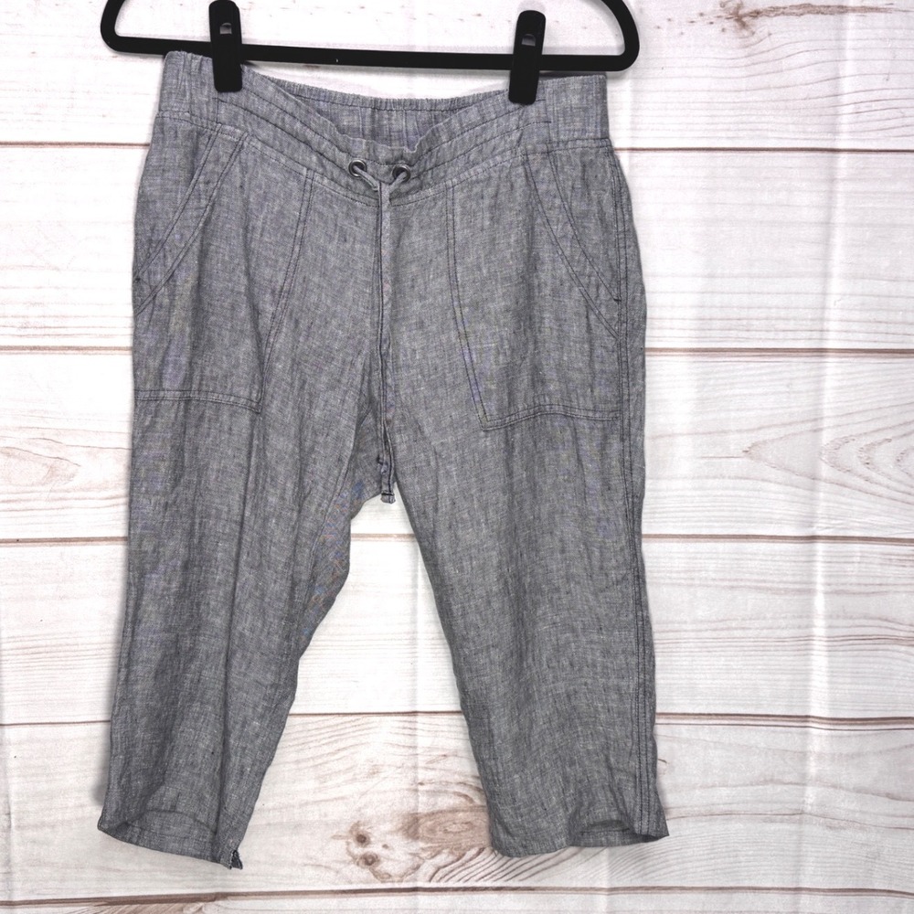 Athleta Gray‎ 100% Linen Cropped Drawstring Pants Size 4 RN 54023